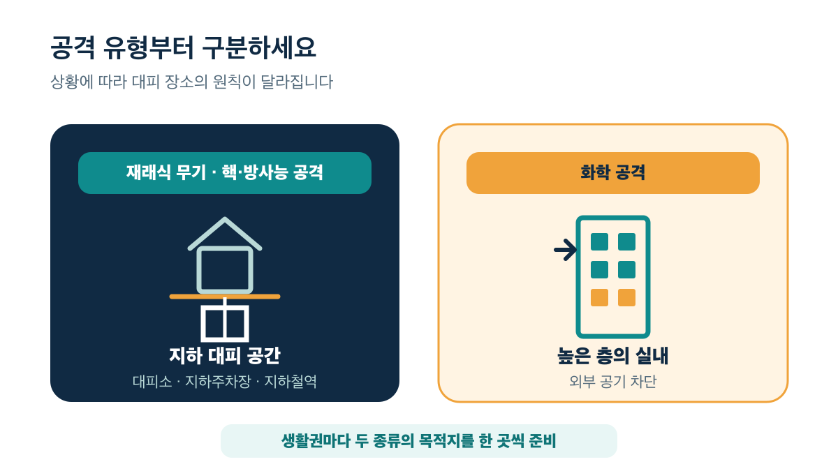 재래식·핵 공격은 지하 대피 공간으로 가고 화학 공격은 외부 공기를 차단할 수 있는 높은 층의 실내로 갑니다