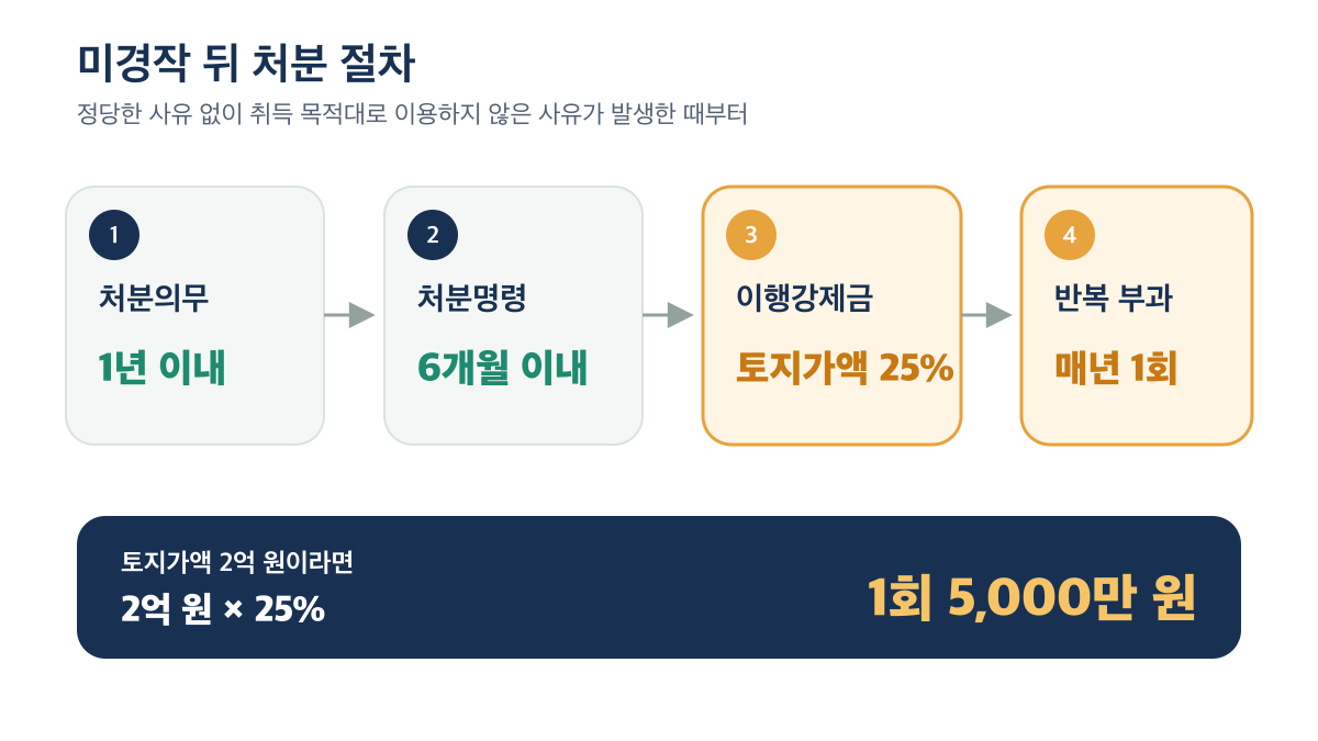 정당한 사유 없이 농지를 이용하지 않을 때 1년 이내 처분의무부터 6개월 이내 처분명령과 토지가액 25% 이행강제금까지 이어지는 절차