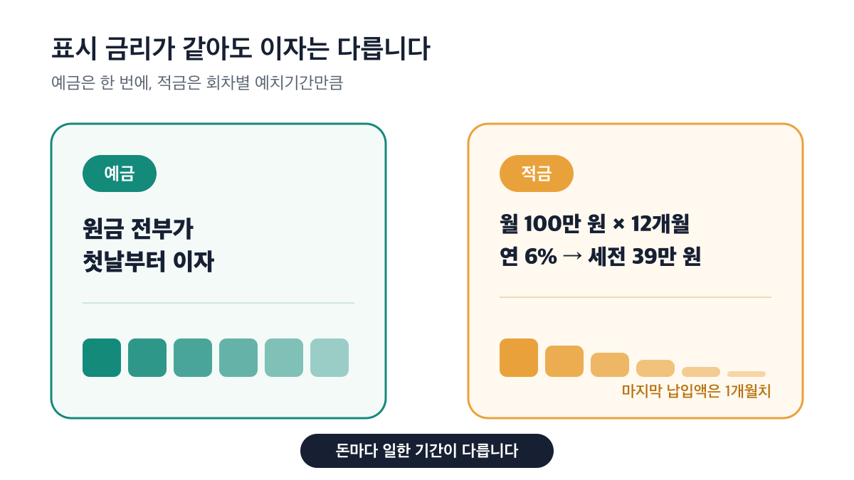 예금은 원금 전부가 첫날부터, 적금은 회차별 예치기간만큼 이자가 붙습니다