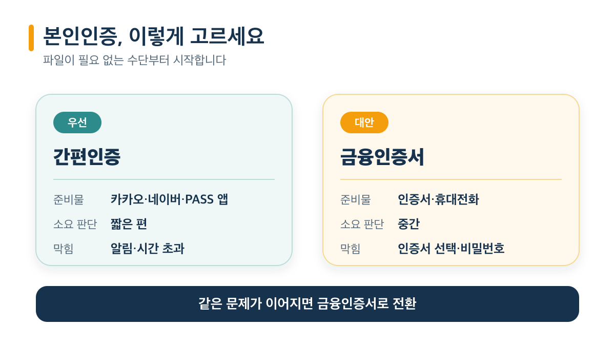 간편인증을 우선하고 문제가 이어지면 금융인증서로 전환
